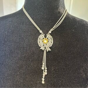 Betsey Johnson SilverTone Clear Crystal and Simulated Topaz Bow Pendant Necklace